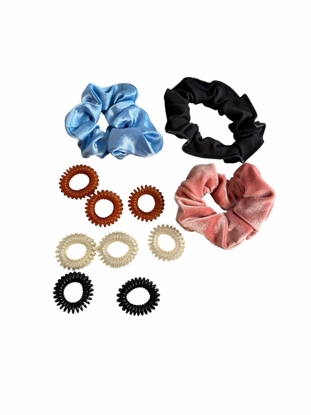 Hair Accessory Set — Blue Satin, Black, Pink Velvet + Assorted Coil Ties